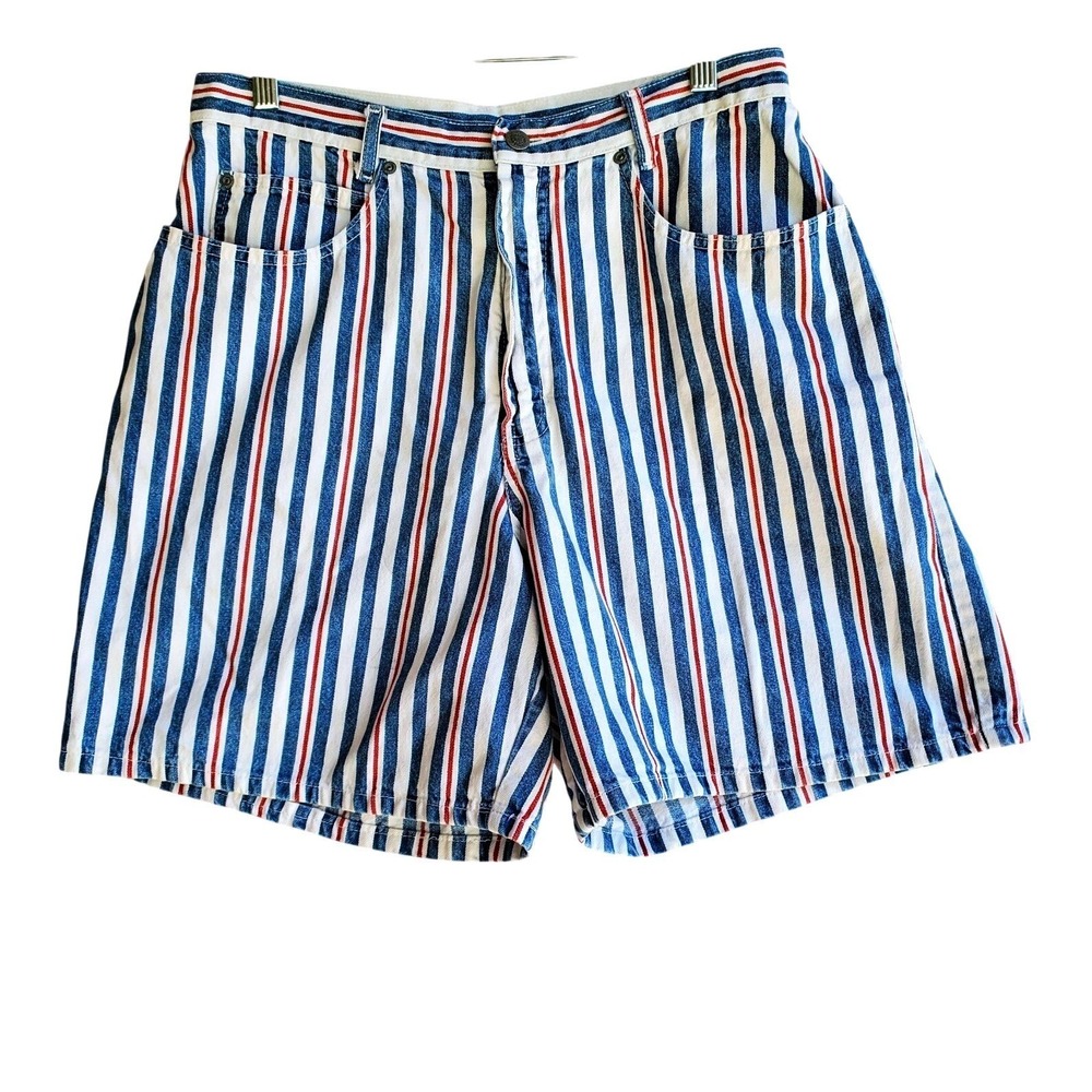 VTG Northwest Blue Striped Denim Shorts‎ Womens 14 High Waist 90s Mom Red White